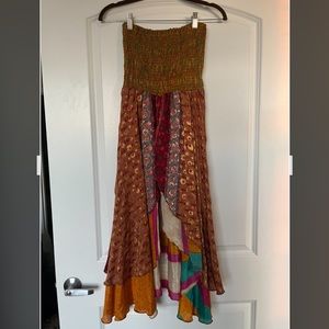 Amazing Colorful Silk Hippie Beach Fairy Strapless Dress with Layered Skirt